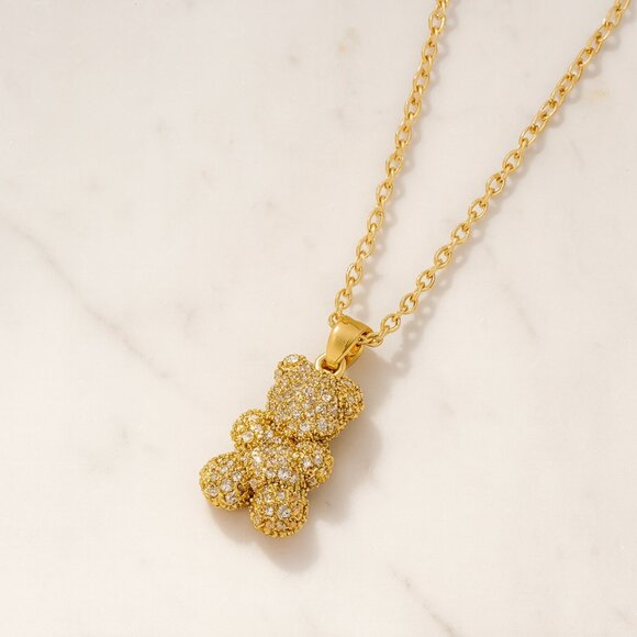 “Honey Bear” 14K Gold Plated Pavé Bling Necklace - Picture 1 of 2